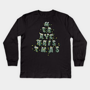 Merry Christmas written in the shape of a tree with some Christmas lights Kids Long Sleeve T-Shirt